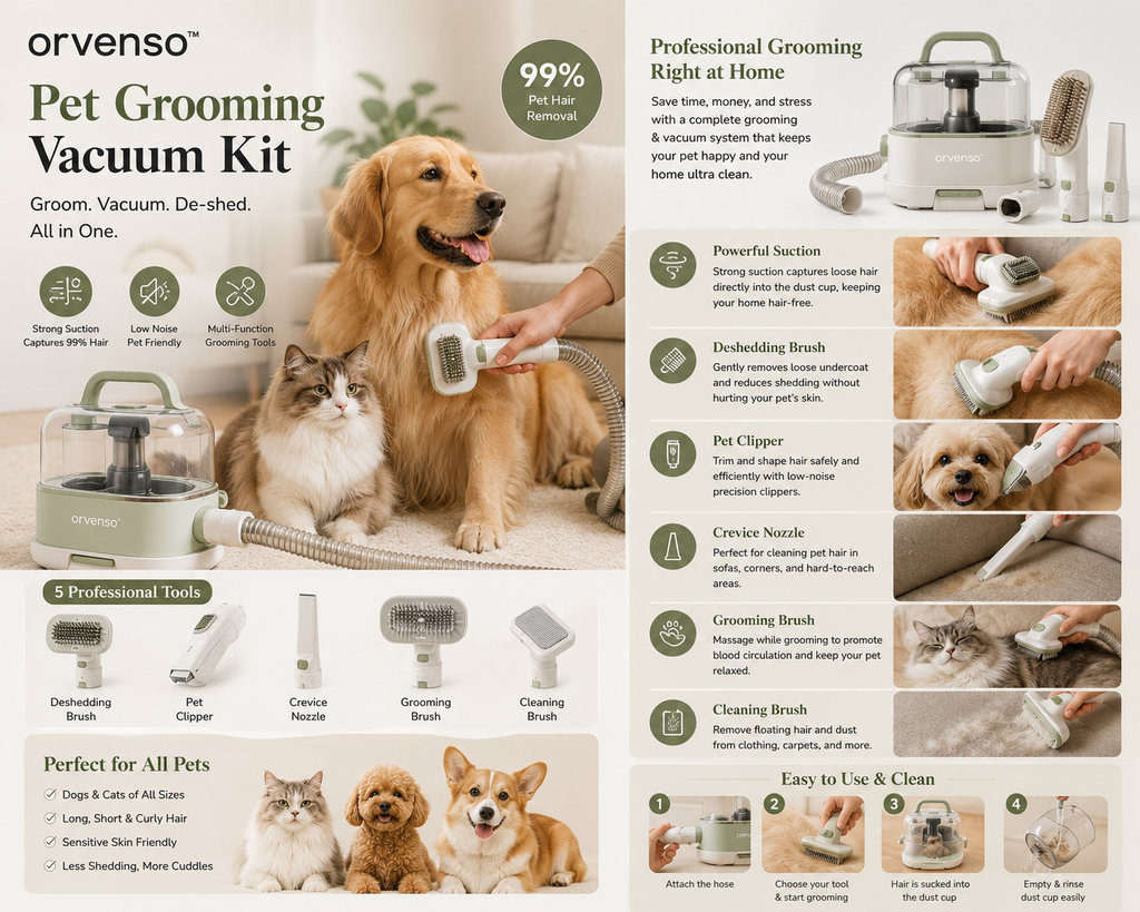 Orvenso™ 6-in-1 Professional Pet Grooming Vacuum Kit  Groom. Vacuum. Love.