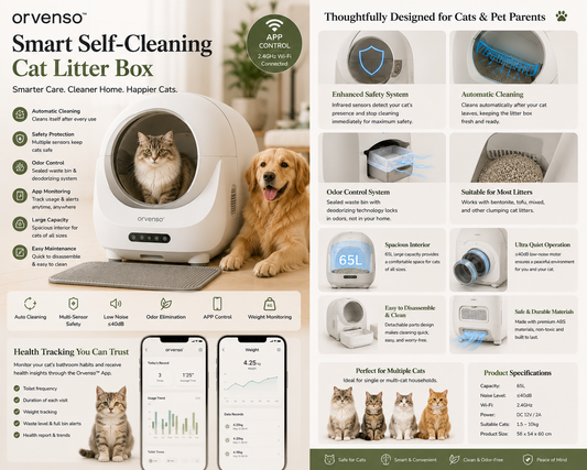 Orvenso™ Smart Self-Cleaning Cat Litter Box  A Cleaner Litter Box. Every Time.