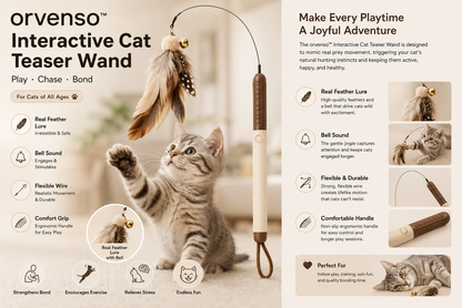 Orvenso™ Interactive Cat Teaser Wand Bring Out Your Cat's Natural Hunting Instincts.  Play • Chase • Bond