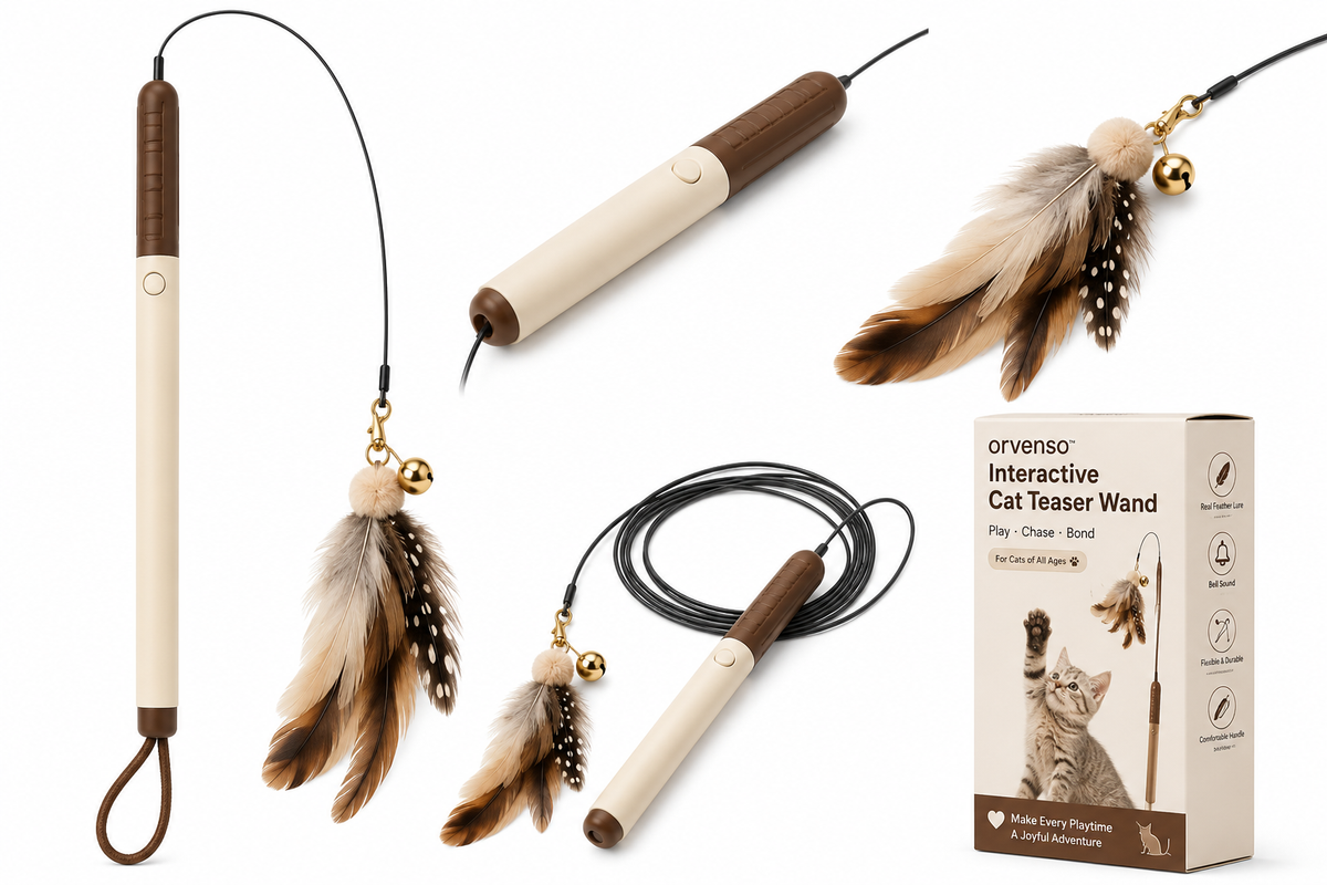 Orvenso™ Interactive Cat Teaser Wand Bring Out Your Cat's Natural Hunting Instincts.  Play • Chase • Bond