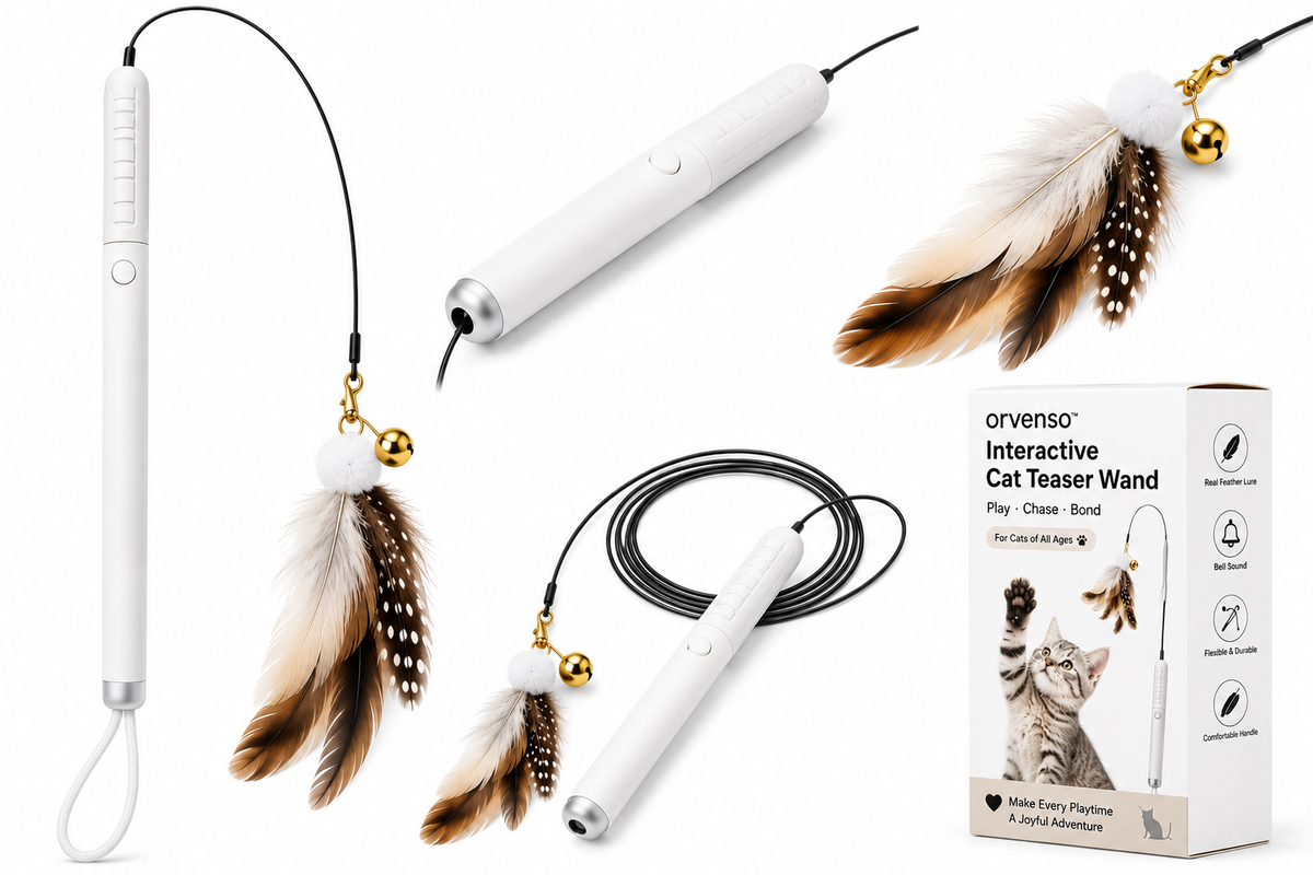 Orvenso™ Interactive Cat Teaser Wand Bring Out Your Cat's Natural Hunting Instincts.  Play • Chase • Bond
