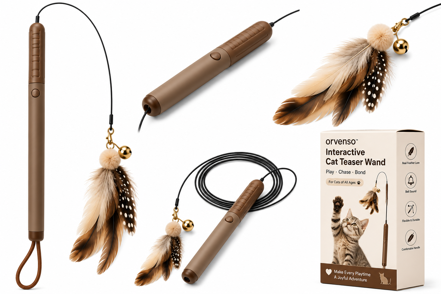 Orvenso™ Interactive Cat Teaser Wand Bring Out Your Cat's Natural Hunting Instincts.  Play • Chase • Bond